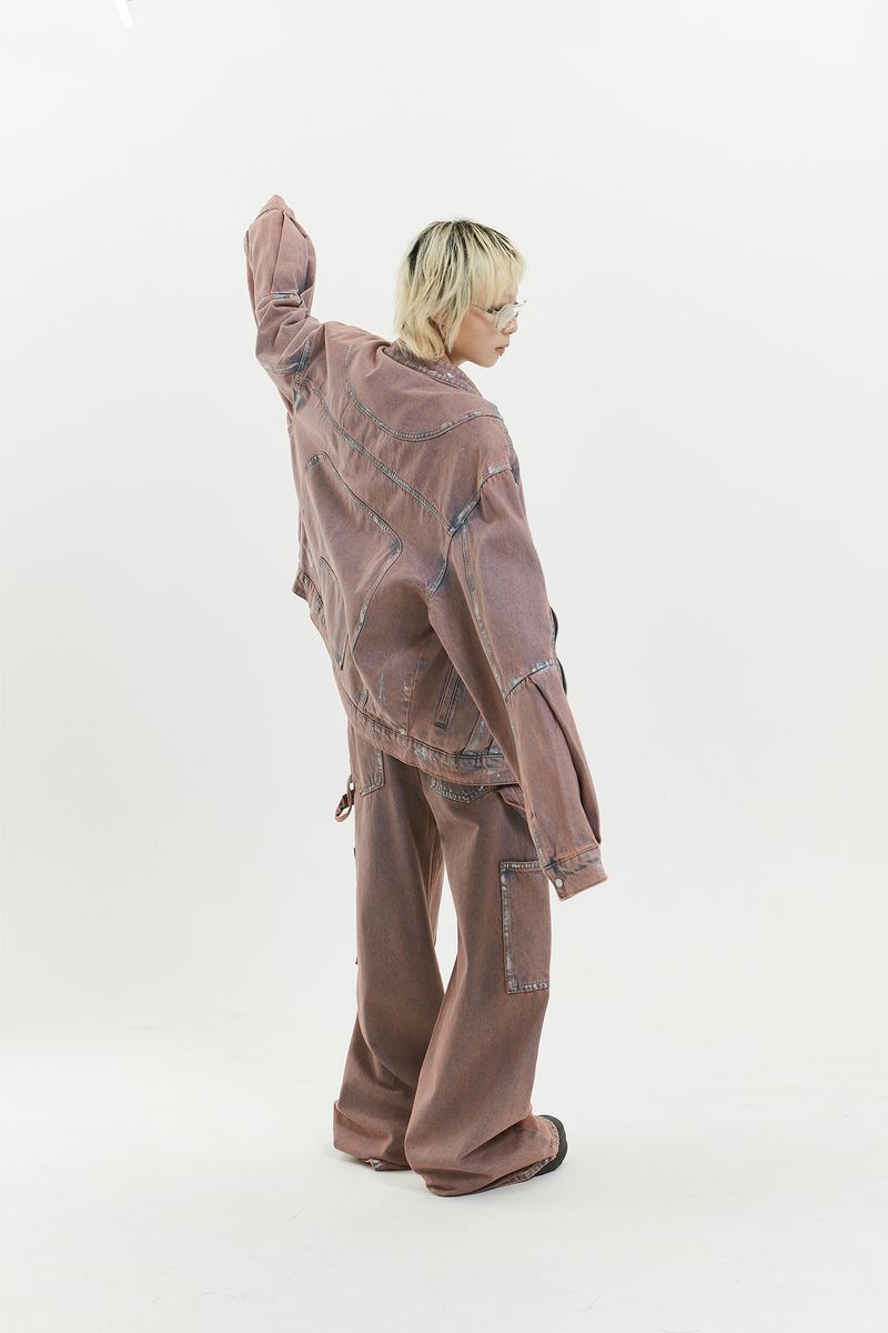 Giacca e pantaloni in denim lavato con schizzi di inchiostro, design hip-hop americano, primavera-autunno 2024, per donna_voghion.com