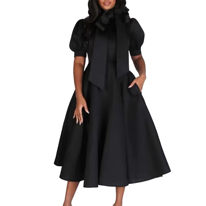 Vêtements pour femmes, printemps et été, tempérament, manches bouffantes, couleur unie, design, ceinture, jupe longue_voghion.com