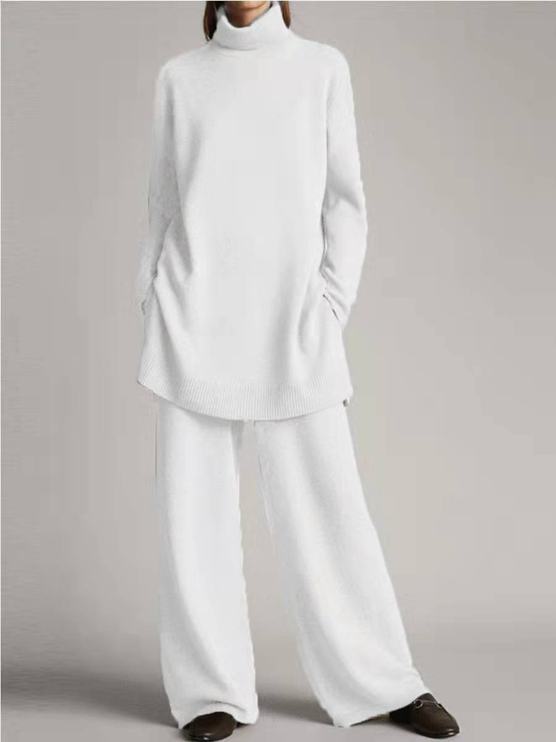 Women's clothing Knitted Solid Color High Collar Loose Casual Two-piece Suit_voghion.com