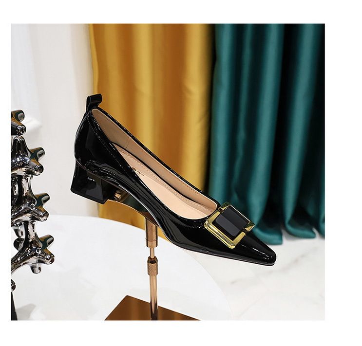 Women's shoes with thick patent leather shallow mouth small square head metal buckle decorative spring and autumn single shoes_voghion.com