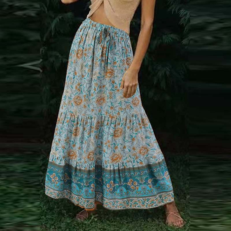 Damenbekleidung Sommer Blumen A-Linienrock, elastische hohe Taille_voghion.com