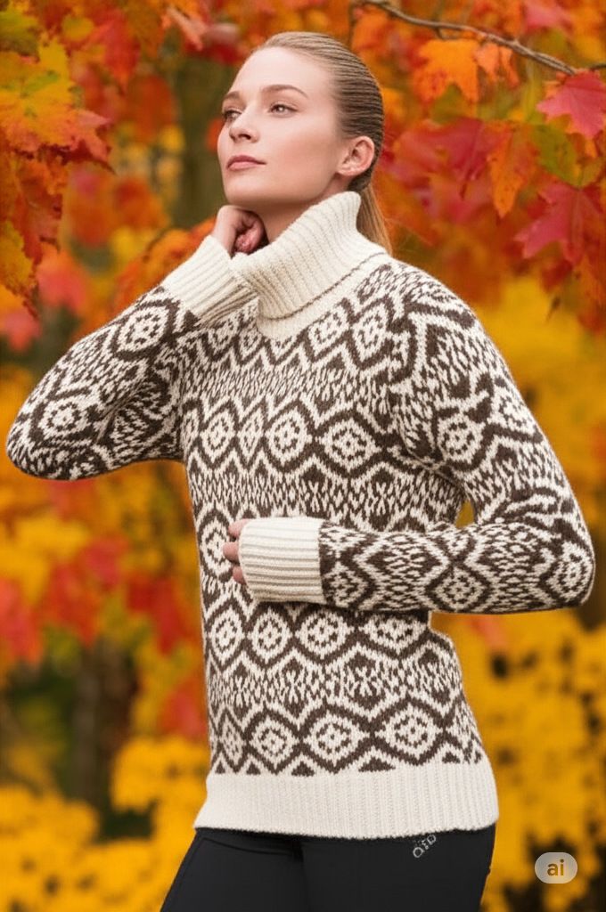 Maglione retrò Fair Isle a collo alto da uomo - Pullover oversize in maglia con motivi geometrici_voghion.com