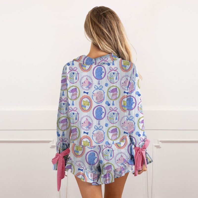 Damen Nachtwäsche Bedruckte Strickjacke Langarm Shorts Zweiteiliges lässiges lockeres Heimkleidungsset_voghion.com