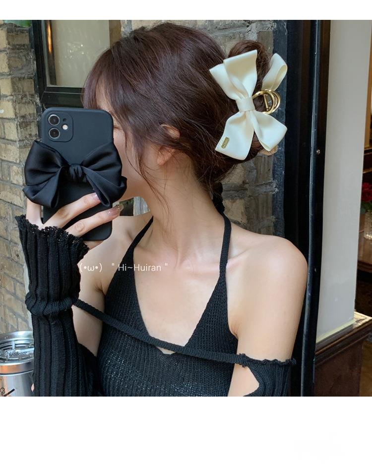 Fermaglio per capelli con fiocco in raso nero molto venduto per copricapo estivo da donna, semplice ed elegante, fermaglio per capelli a forma di squalo con cucchiaio posteriore_voghion.com