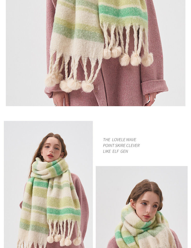 Sciarpa in cashmere con motivo a righe colorate con pallina, invernale, calda, ispessita, arcobaleno, kawaii, mohair, accessori per amanti_voghion.com