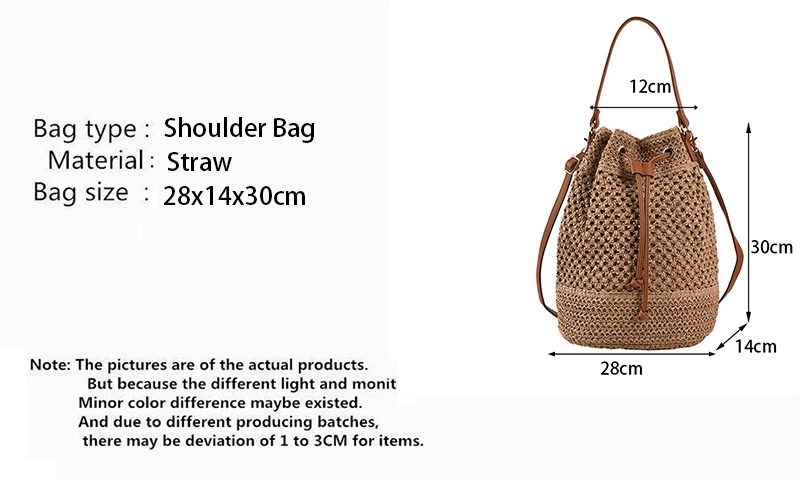 Secchiello di paglia intrecciata estiva per le donne Borsa a tracolla con coulisse semplice Borsa da spiaggia da viaggio Borsa a mano casual intrecciata_voghion.com
