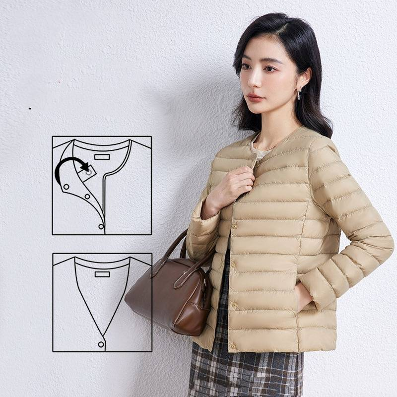 Damenbekleidung dünne Wintermäntel Jacke kurzer Rundhals V-Ausschnitt Langarmfutter einfarbig große Größe einfache Jacke_voghion.com