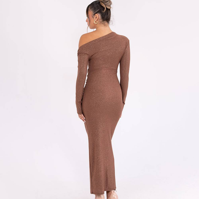 Elegantsed diagonaalselt kraega voldid, läikivad ametlikud kleidid naistele sügis-talve bodycon tuunikad, pikad peoõhtused prom kleidid_voghion.com