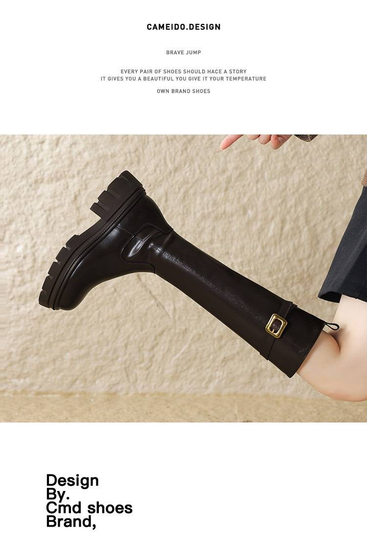 Cameido Women's high thick-soled long boots with fleece lining and belt buckles, knight boots that don't go over the knees._voghion.com