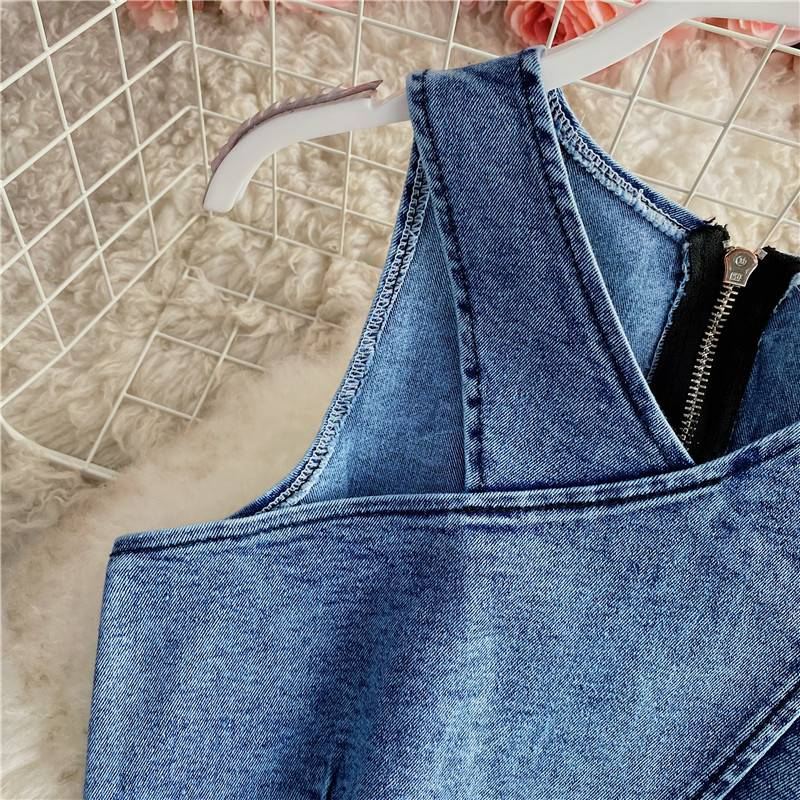 Roupas femininas novas Slim Fit zíper curto Denim camisola duas peças terno irregular fenda quadril saia_voghion.com