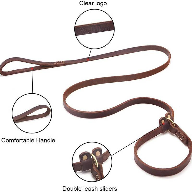 Real Leather Slip Lead Dog Leash, Soft Adjustable Pet Slip Leads With Slider, Heavy Duty Flat Dog Training Leash For Medium And Large Dogs,Brown_voghion.com