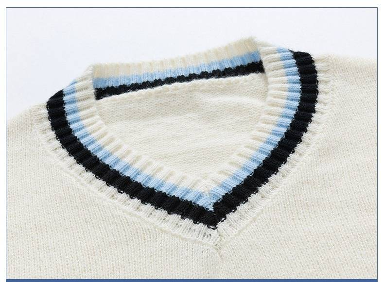 Maglione lavorato a maglia con scollo a V in stile retrò di Hong Kong – Pullover ampio in jacquard floreale per donna (beige, nero, blu) – Top oversize all'uncinetto_voghion.com