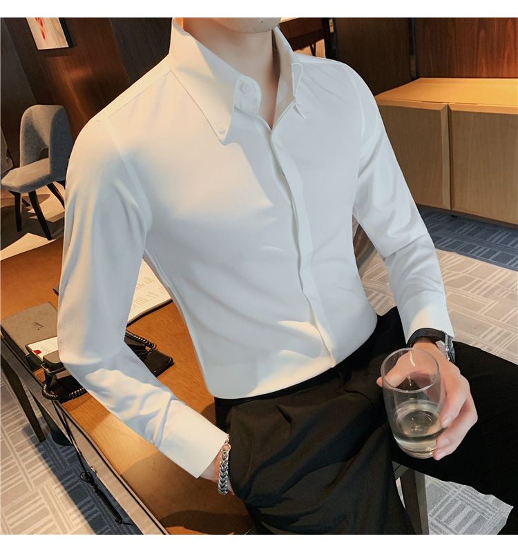 Camicia da uomo slim fit con colletto alla francese, antipiega, in misto cotone, casual, formale, a maniche lunghe, con abbottonatura nascosta - Bianco e nero_voghion.com