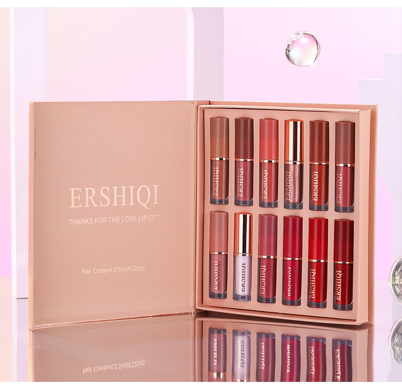 Exclusive ErshiQi 12 Color Book Matte Pearl Gloss Non Stick Cup Lip Glaze Lipstick_voghion.com