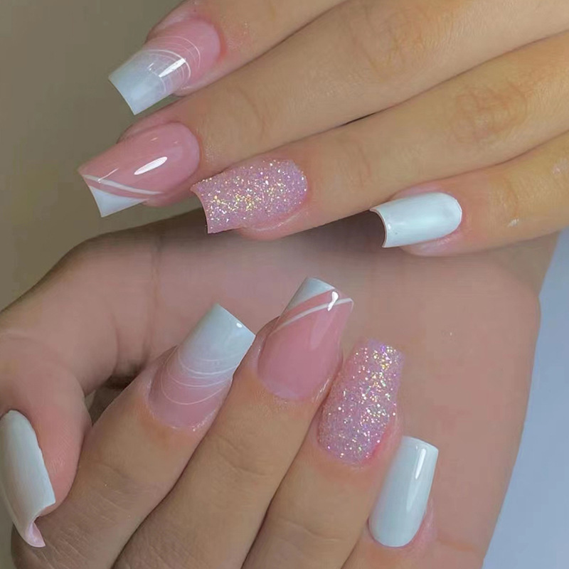 24 stk hvide falske negle glitter pulver dekoration Tryk på negle Firkantede falske negle Kort kiste Ballet Fuld Cover Ar_voghion.com
