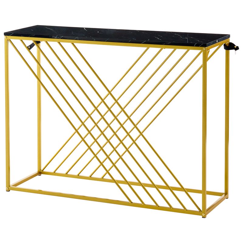 Console noire avec pieds dorés, 100 x 35 x 77 cm, table d'entrée en MDF brillant, table de couloir, buffet, table d'appoint, style vintage_voghion.com