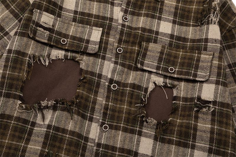 Camicia a quadri a maniche lunghe alla moda in stile americano Wild Azi per donna con design di patch rovinate_voghion.com