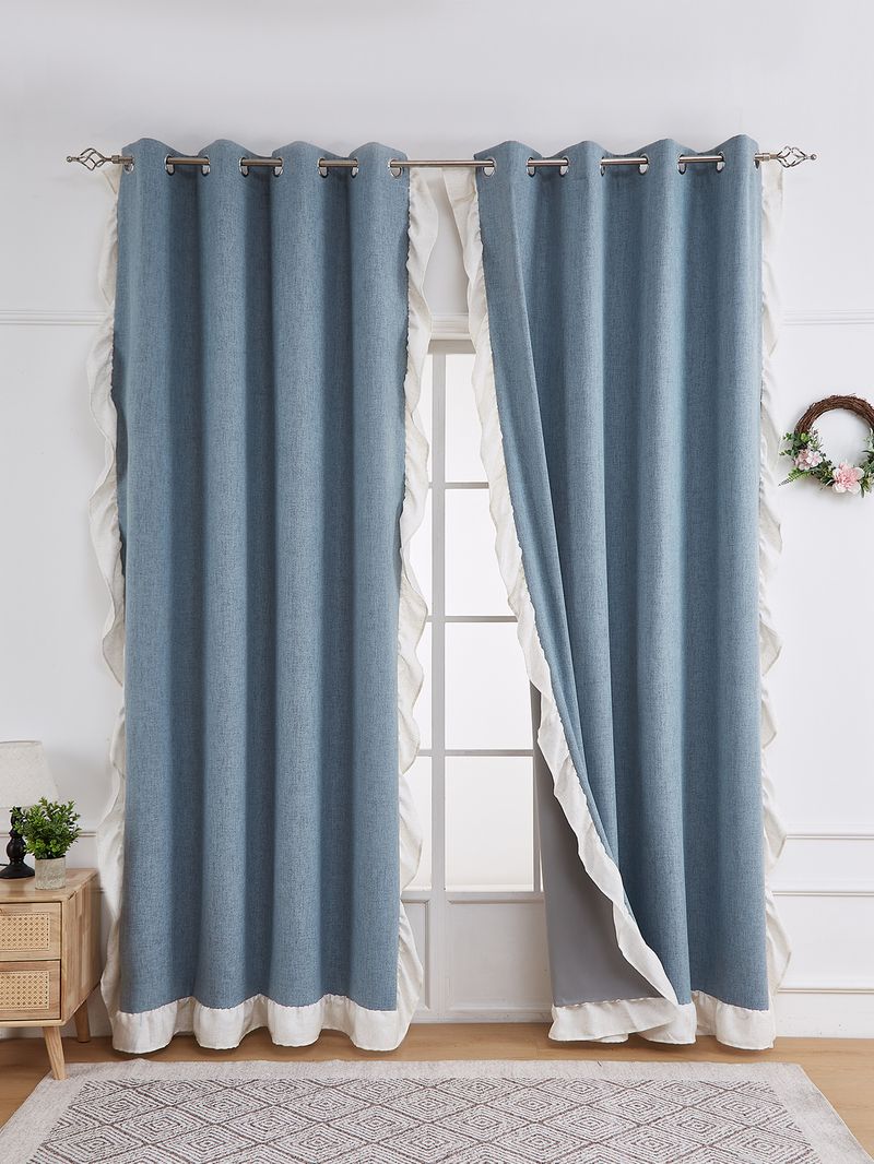 Haze Blue Lotus Leaf Edge Living Room Perforated Door Curtain Partition Curtain Kitchen Block New Curtain Rod Complete Set Of Blackout Bedroom_voghion.com