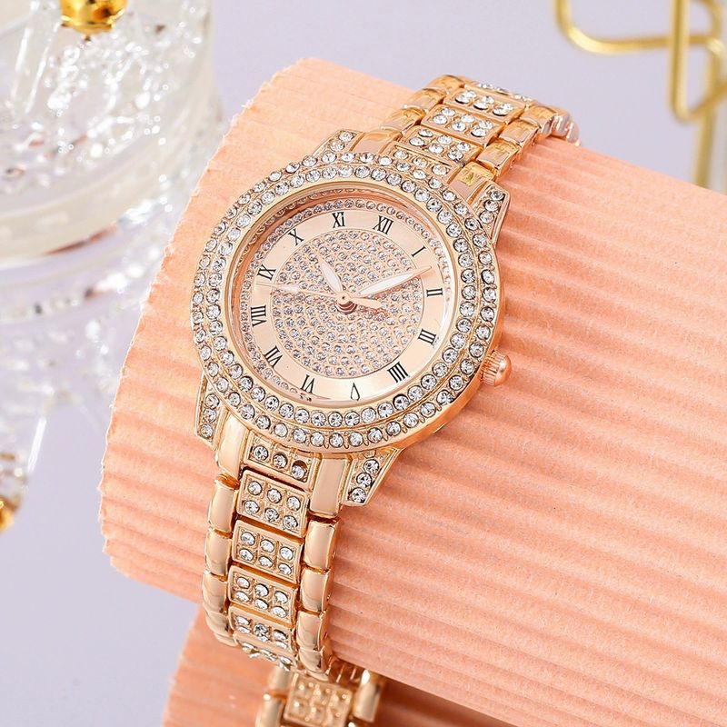 Relógios de quartzo populares da moda feminina, conjunto de relógios com padrão romano, relógio de quartzo Cornucópia, pulseira com diamantes e colar com manchas_voghion.com