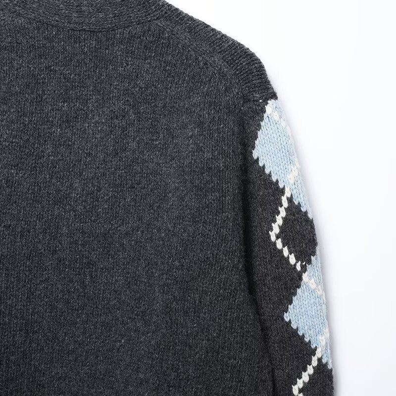 Gilet en maille automne/hiver pour femme – Pull polyvalent à col en V, manches longues et boutons, motif losanges (S-L) – Élégant pour le bureau et les loisirs_voghion.com