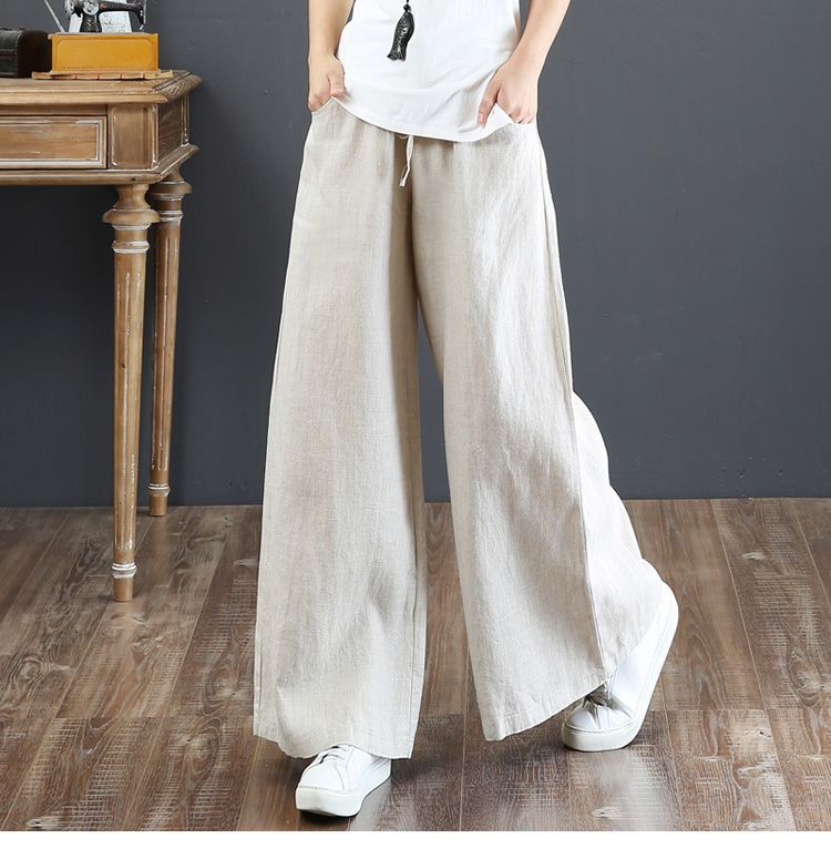 2023 Spring Summer Korean Cotton Loose Plus Size Wide Leg High Waist Floor-Length Straight Linen Women's Pants_voghion.com