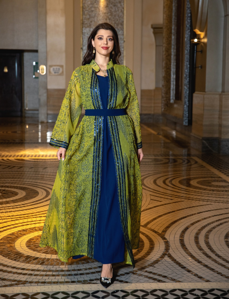 Damenbekleidung, Naher Osten, muslimische Robe, zweiteiliges Set mit Gürtel, Dubai-Kleid, elegante Strickjacke, langer Rock_voghion.com