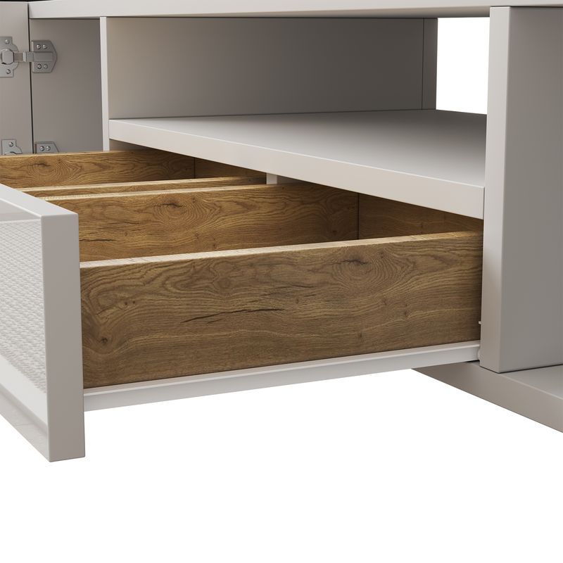 Meuble TV moderne, buffet bas blanc brillant de 145 cm avec éclairage LED, surface en verre élégante, mobilier de salon contemporain_voghion.com