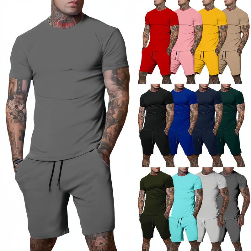 CT Hot Selling Solid Color T-Shirt + Five-Point Men's Summer Short Sleeve Shorts Set Breathable Style_voghion.com