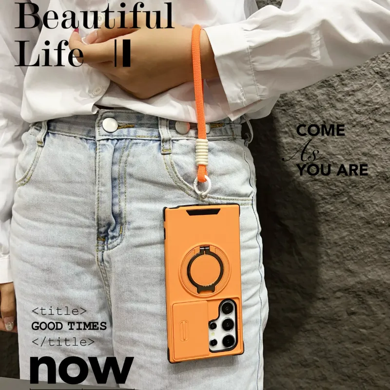 Armor Magnetic Bracket Case For Samsung Galaxy S25 S24 S23 S22 S21 Ultra Plus With Lanyard Slide Camera Protect_voghion.com