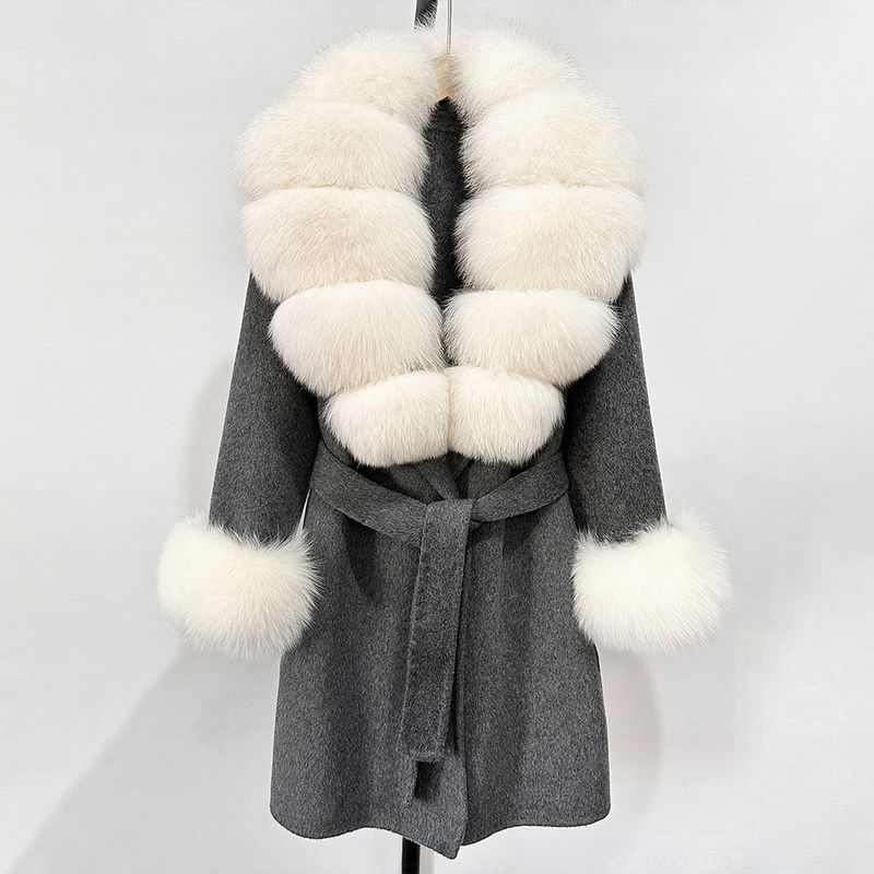 Women's Long Wool & Cashmere Coat With Real Fox Fur Collar - Double-Faced Winter Trench Coat, Slim Fit Belted Dressy Outerwear, Elegant Overcoat (S/M)_voghion.com