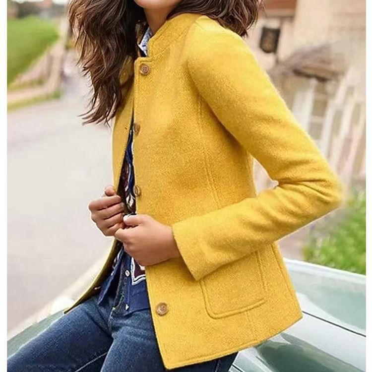 Dameskleding effen kleur wollen opstaande kraag eenvoudige lange mouwen knoop korte jas_voghion.com