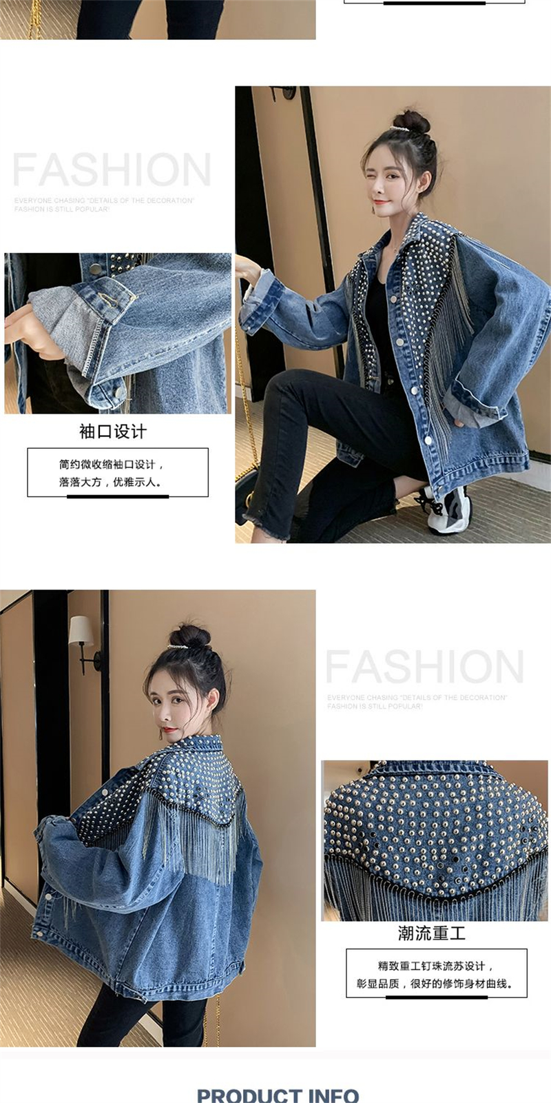 Chaqueta vaquera con remaches tachonados a mano para mujer, abrigo corto con borlas, chaqueta vaquera a la moda, abrigos negros Rock, novedad de primavera y otoño de 2023_voghion.com