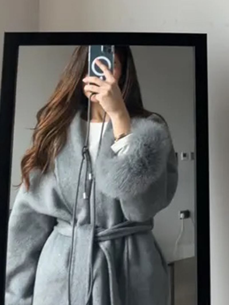 Women's Clothing Autumn And Winter Woolen Coat Short Coat Women's Cuffs Fur V Neck Lace Up Solid Color_voghion.com