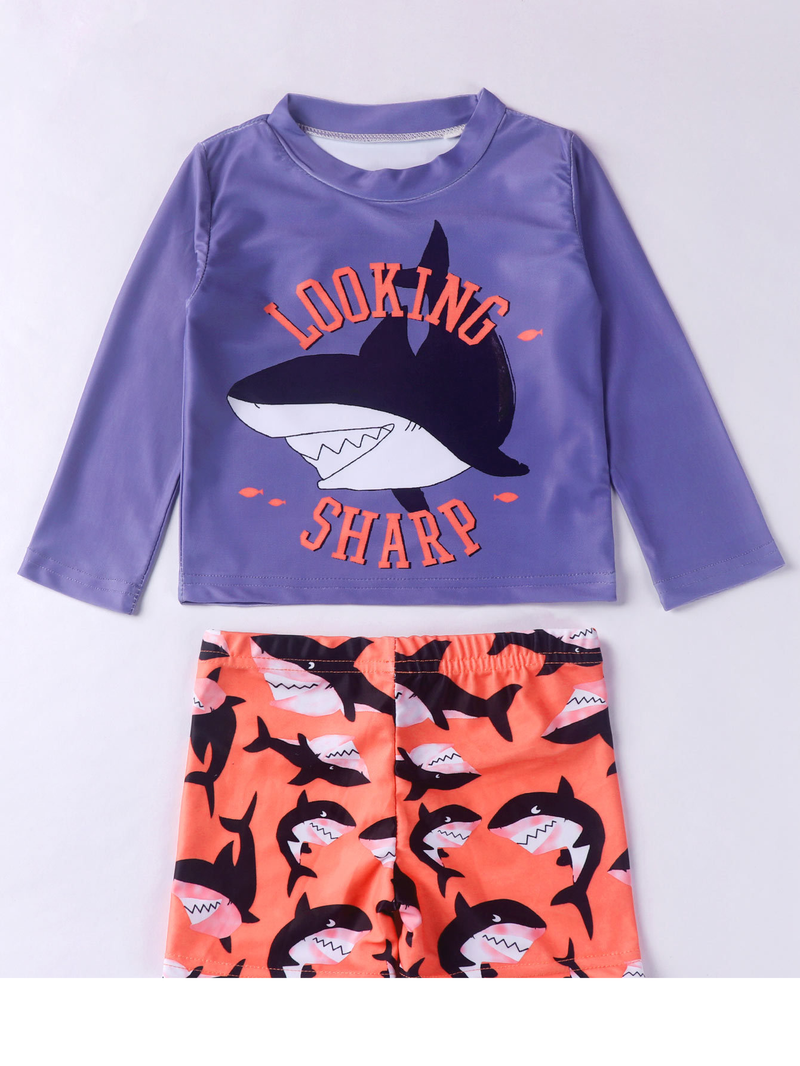 Mother&Kids Conjunto de bañador para niña de dos piezas con estampado de tiburones_voghion.com