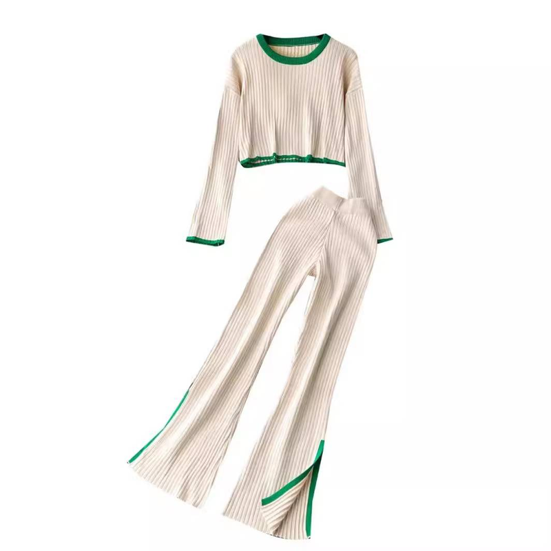 Dameskleding modieus temperament pak contrasterende kleur gebreide top + broek tweedelige trui set_voghion.com