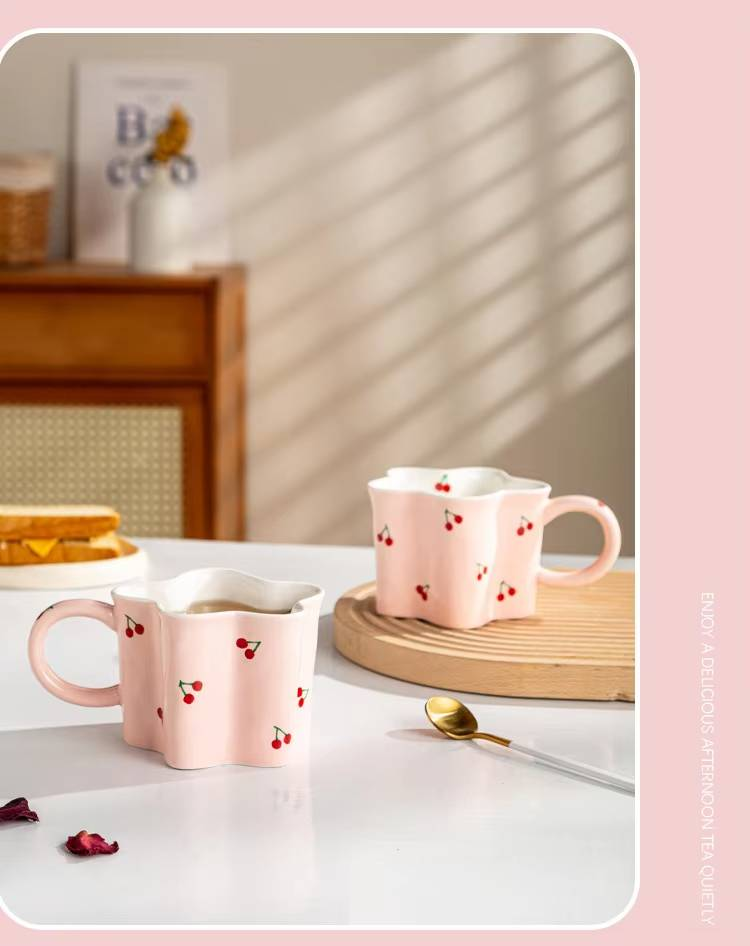 Keramiktassen mit Cartoon-Kirschdruck, unregelmäßige Blumenformen, Kaffeetasse, Kindermilchtassen, Geburtstagsgeschenk für Mädchen_voghion.com