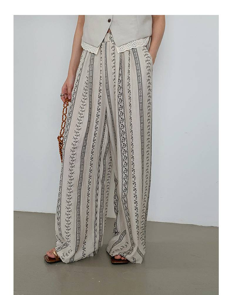 Pantaloni a gamba larga con stampa retrò da donna, nuovi pantaloni casual estivi in lino stile pigro_voghion.com