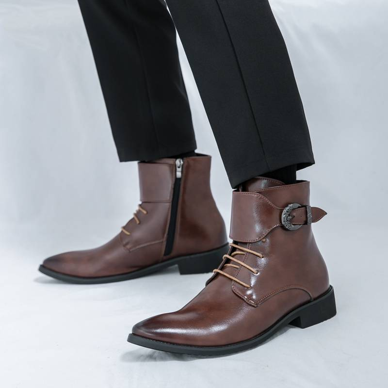 New Fashion Brown Retro Chelsea Boots Men's Pointed Toe Suit Martin Boots British Crocodile Pattern Business Men's Boots Leather Short Boots_voghion.com