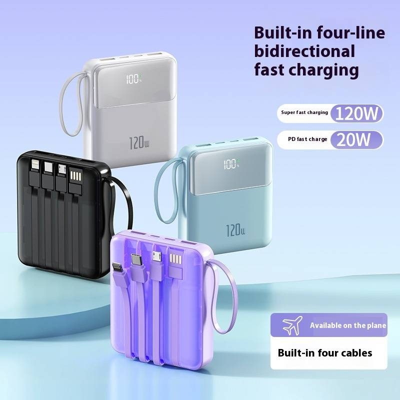 120 W ultraschnelle Lade-Powerbank 20000 mAh, 4-in-1 integrierte Kabel (USB-C/Lightning/Micro-USB/USB-A), tragbares PD3.0-Ladegerät_voghion.com