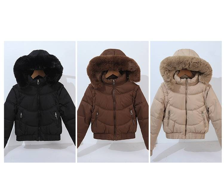 Chaqueta acolchada con ribete de piel sintética y mangas desmontables para mujer, abrigo corto de invierno con capucha, abrigo acolchado y cálido para tallas pequeñas y ajustadas._voghion.com
