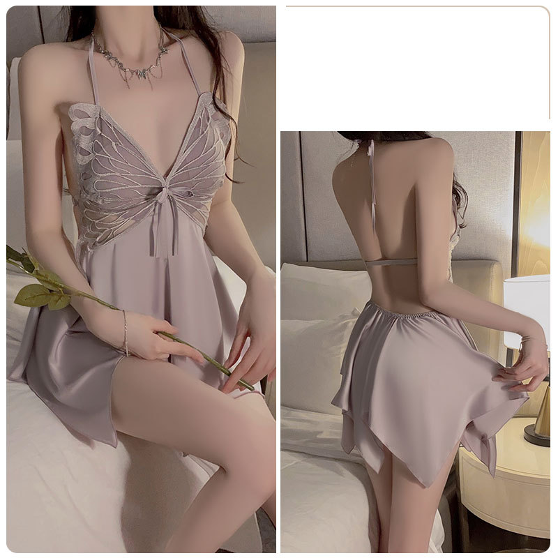 Rose Backless Chemise & Robe Set – Ondersteunende beugels van satijn met verkoelende voering, plus size loungewear (zwart/wit/bordeauxrood)_voghion.com