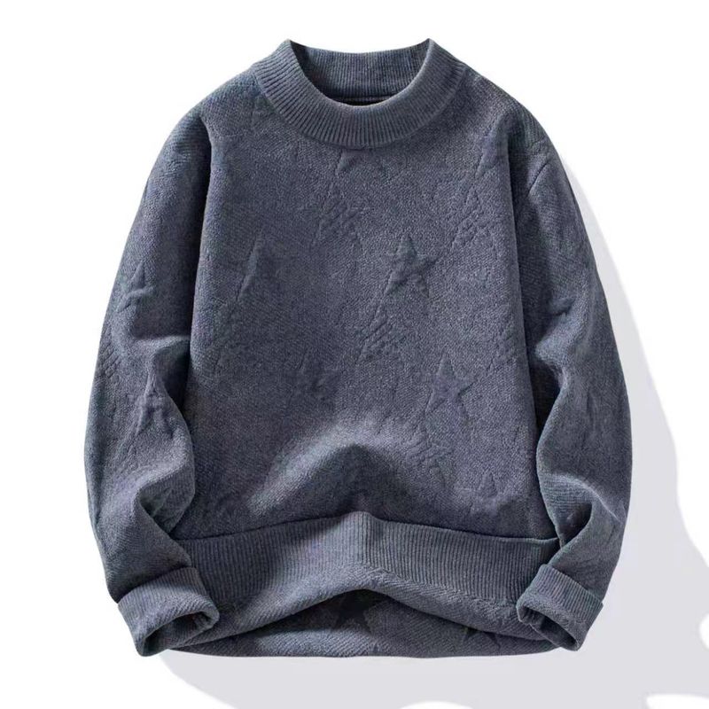 Pull ras du cou brodé étoile pour homme - Pull en tricot chaud d'hiver, coupe décontractée surdimensionnée (beige, camel, bleu poudré)_voghion.com