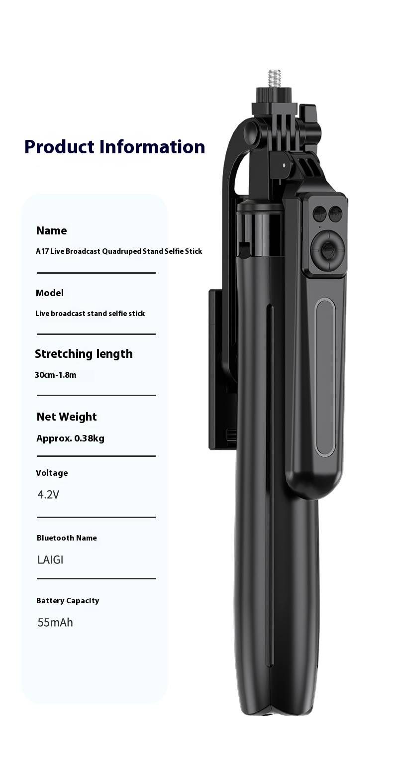 Palo selfie Bluetooth con trípode de 4 patas y luz LED de relleno: soporte extensible de aleación de aluminio de 1,8 m para TikTok Live, vlogs y grabación estable._voghion.com
