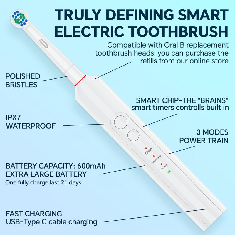 Smart Electric Toothbrush With 6 Brush Heads, Travel Case, 3 Modes And 2 Min Timer, Rechargeable Power Toothbrushes Compatible With Oral B Brush Head_voghion.com