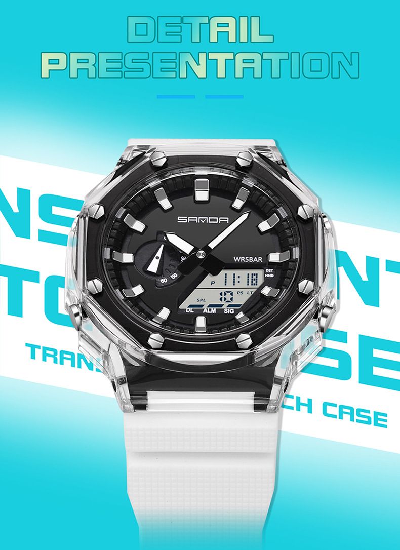Unisex Octagonal Transparent Digital Analog Watch With Multifunction – 50M Waterproof, Luminous, World Time & 5 Alarms_voghion.com