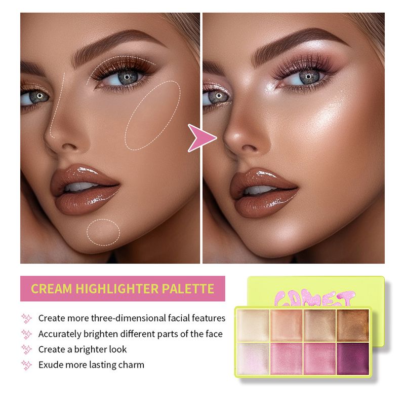 Lakerain 8-Color Cream Highlighter Palette - Face & Eye Highlighter, Contour & Blush, Buildable Shimmer, Travel-Friendly, Vegan & Cruelty-Free_voghion.com