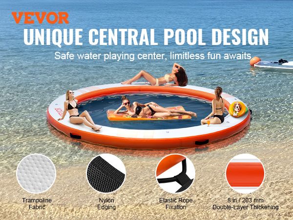 VEVOR Inflatable Floating Dock, ø8FT Inflatable Dock Platform with ø5FT Trampoline Mesh Pool, Non-Slip Floating Platform Water Mat with Portable Bag &_voghion.com