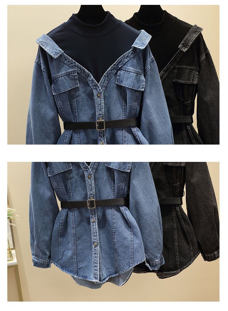 Women's Clothing Fashionable Shirt, Slim Temperament, Two Piece Long Sleeved Denim Top_voghion.com