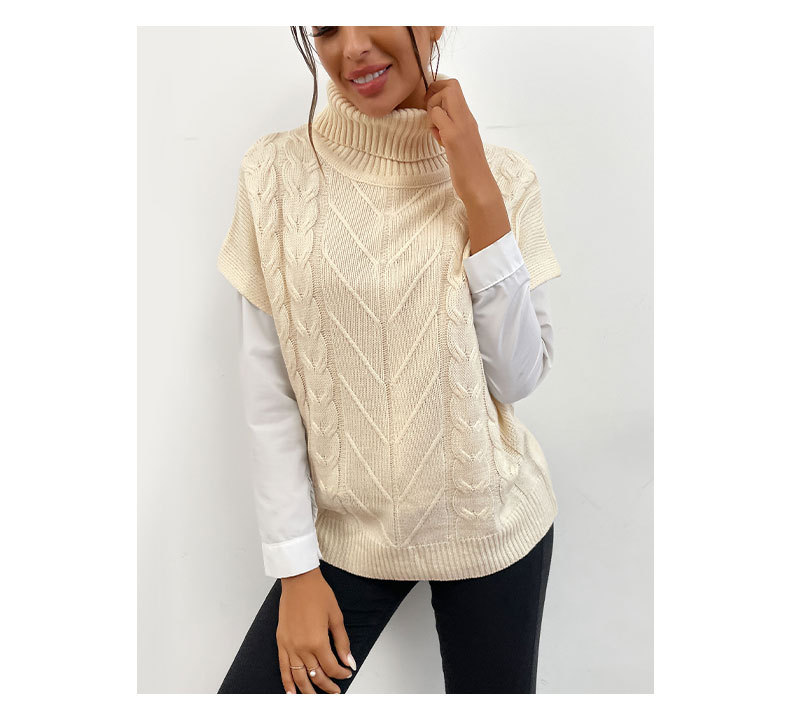 Einfarbig gestrickter Rollkragenpullover mit kurzen Ärmeln_voghion.com