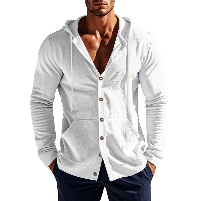 Spring And Autumn American Loose Men's Loose Linen Casual Simple Beach Hooded Long Sleeve Shirt Men_voghion.com